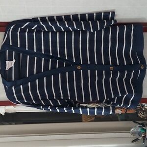 Maternity blue white stripe 3/4 Sleeve button knit Cardigan Sz M